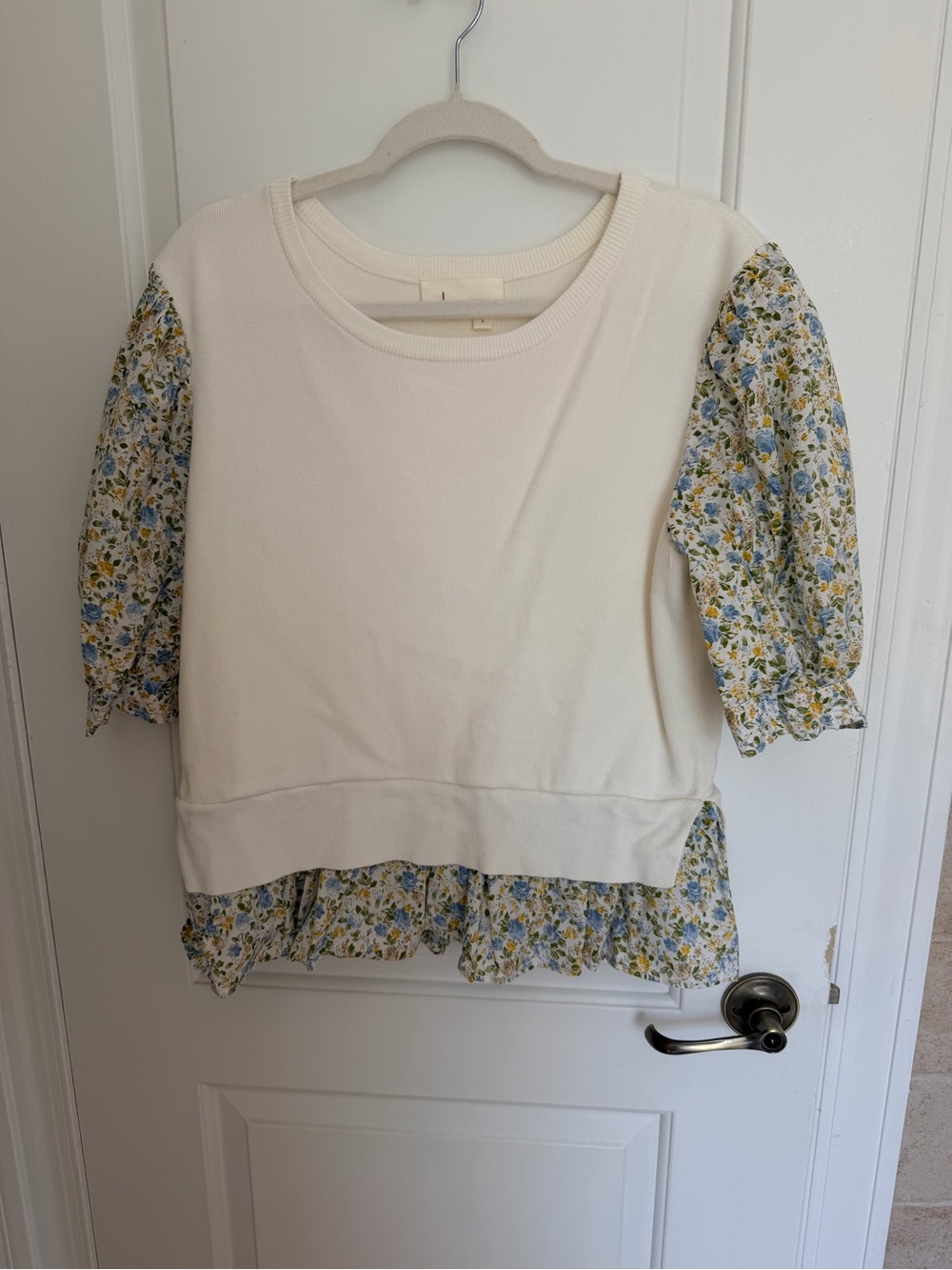Anthropologie Cream Pullover with Blue & Yellow Floral Sleeves